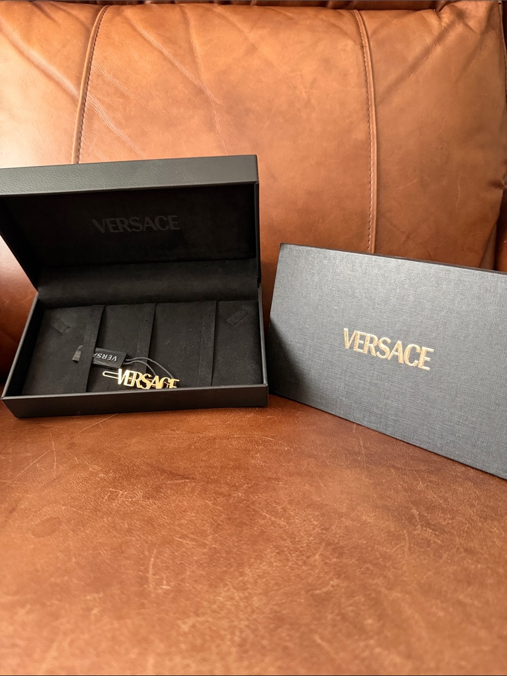 Versace Gold Logo Hair Clip with Branded Box